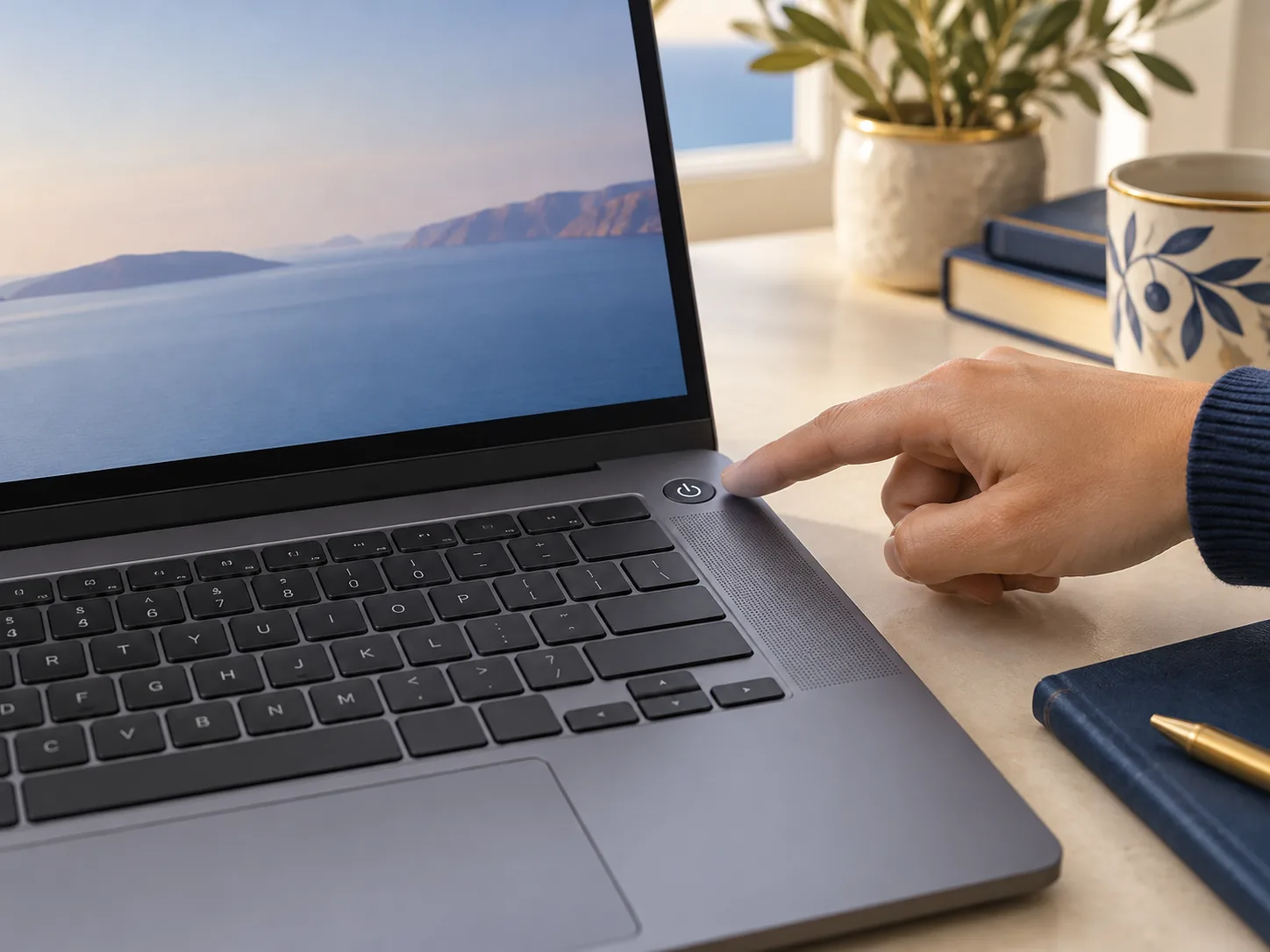 Finger zeigt auf die Einschalttaste mit Ein-Aus-Symbol am oberen Rand einer Laptop-Tastatur.