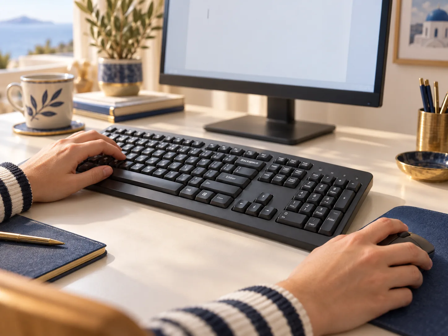 Arbeitsplatz mit Tastatur, Maus und leerem Dokument auf dem Bildschirm