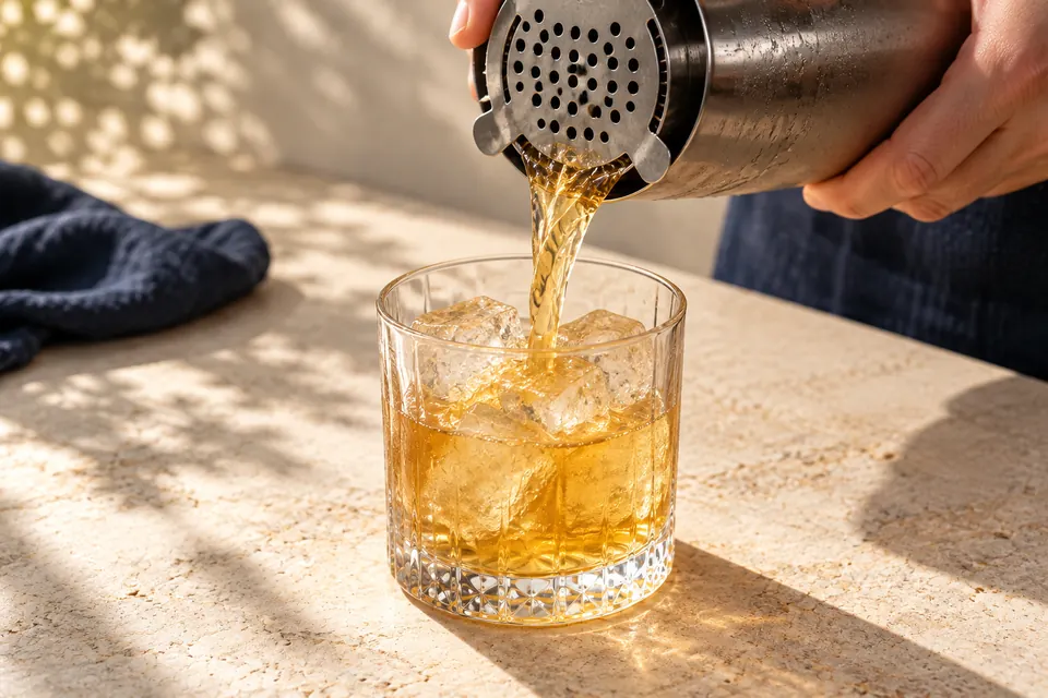 Whiskey Sour ohne Ei: auf Eis abseihen (KI-Illustration)
