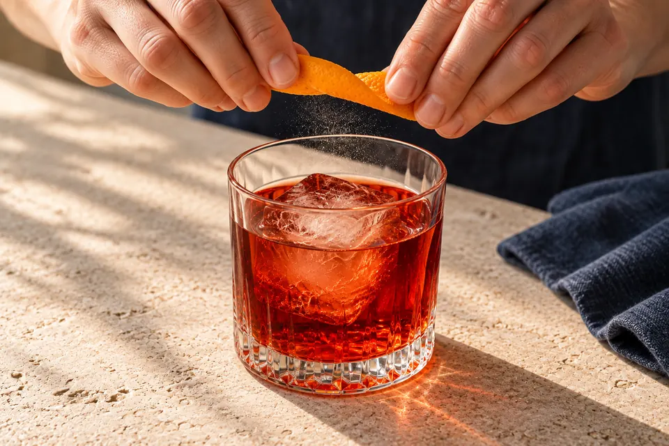 Negroni: Zeste ausdrücken (KI-Illustration)