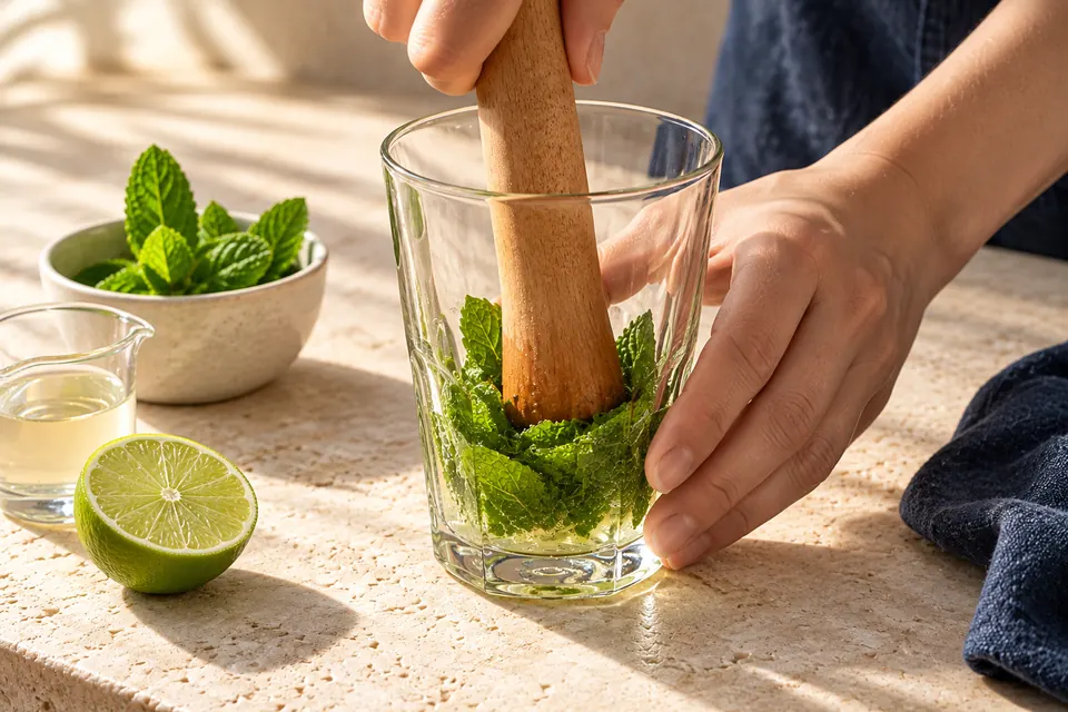 Virgin Mojito: Minze andrücken (KI-Illustration)