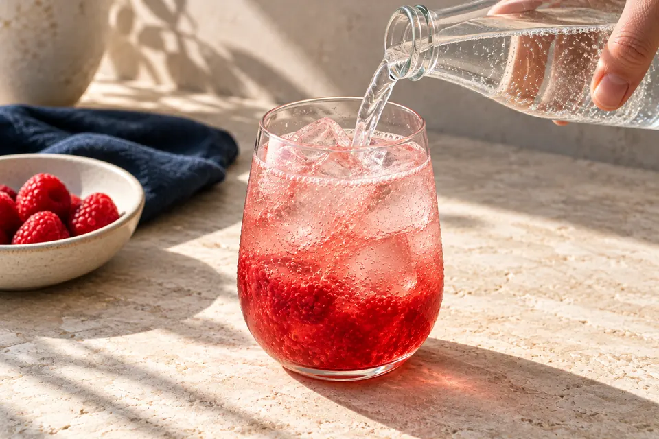 Beeren-Rosmarin-Spritz: Sprudel angießen (KI-Illustration)