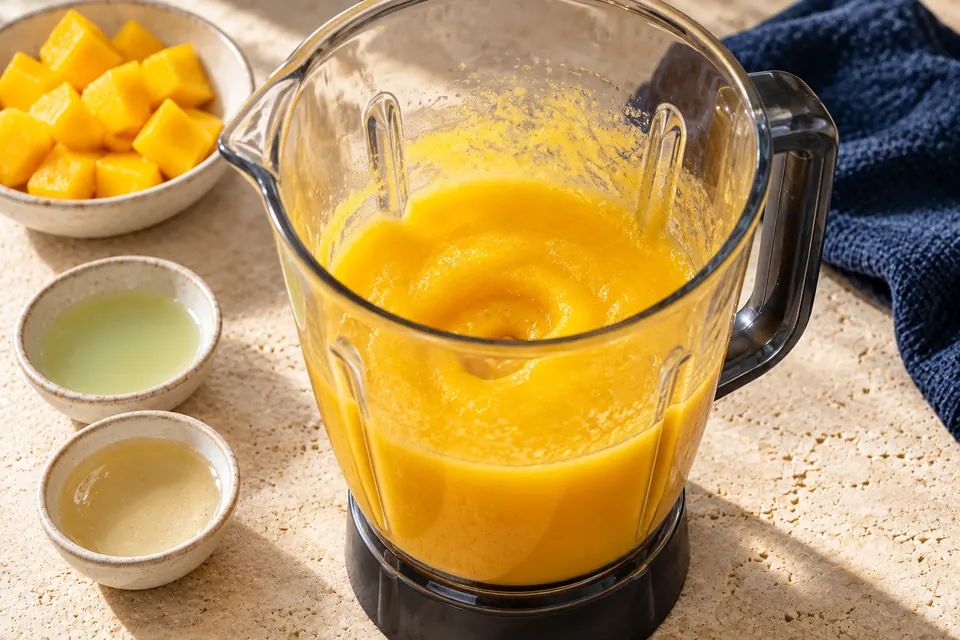 Mango-Limetten-Cooler: glattes Püree (KI-Illustration)