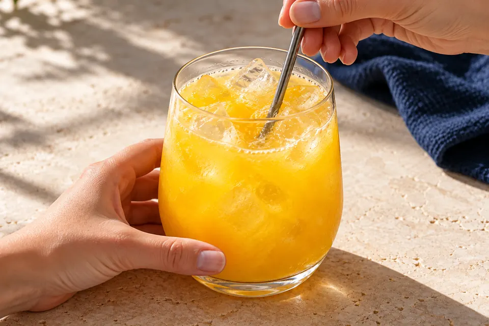 Mango-Limetten-Cooler: vorsichtiges Verrühren (KI-Illustration)