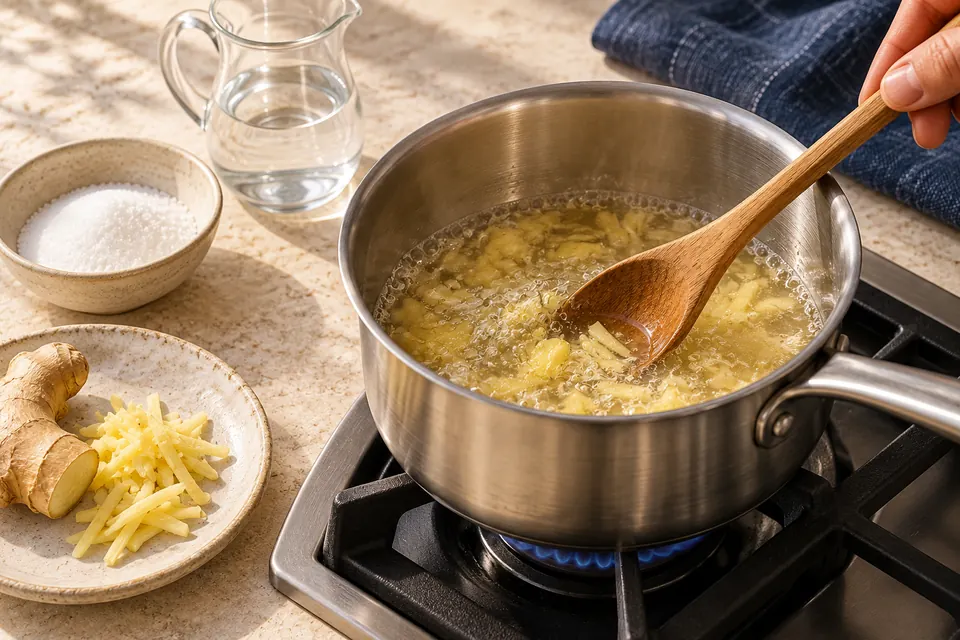 Ingwer-Zitronen-Fizz: Sirup kochen (KI-Illustration)