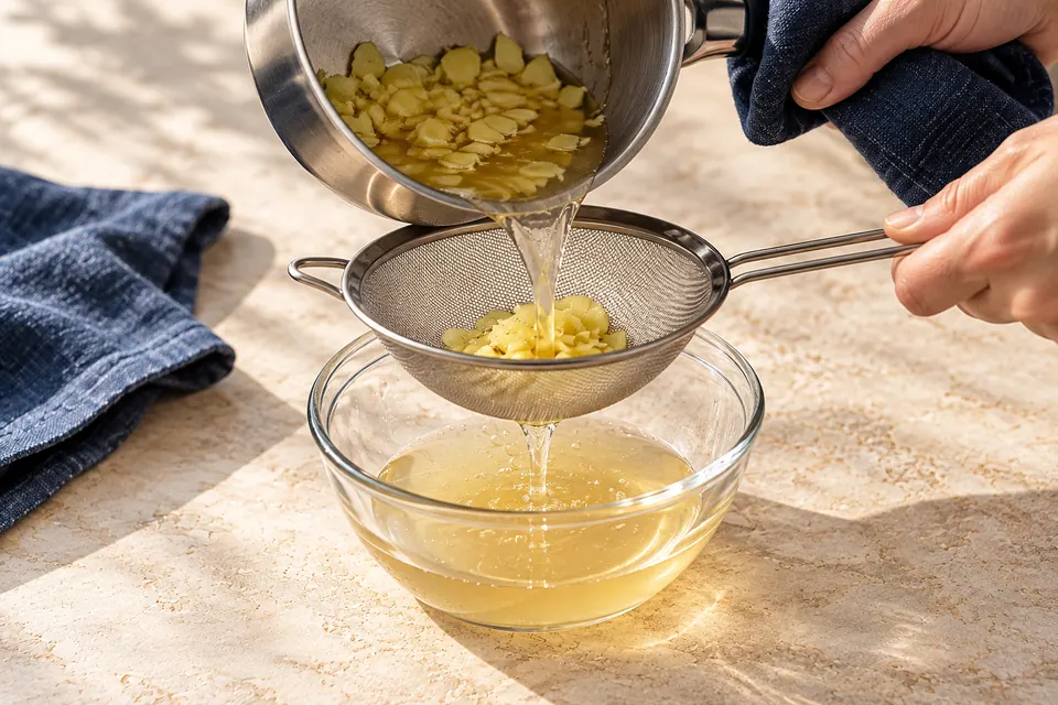 Ingwer-Zitronen-Fizz: Sirup abseihen (KI-Illustration)