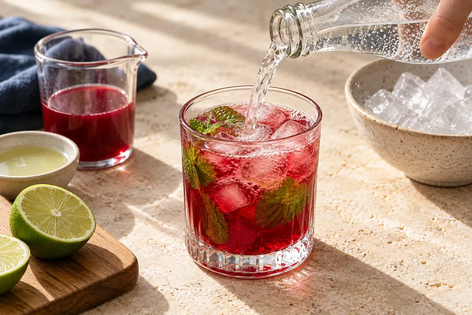 Granatapfel-Minze-Cooler: rote Basis auffüllen (KI-Illustration)