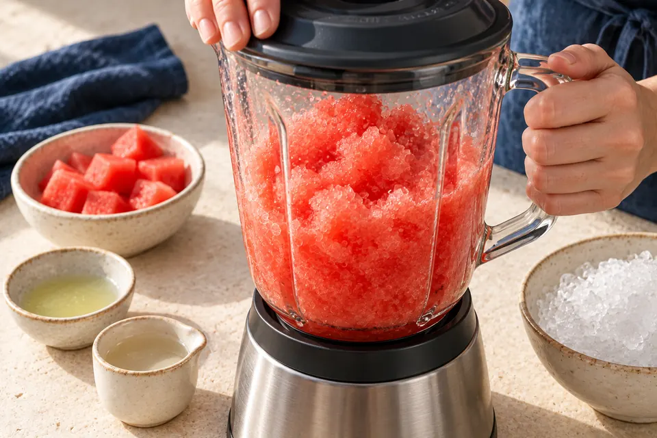 Wassermelonen-Limetten-Slush: richtige Eistextur (KI-Illustration)