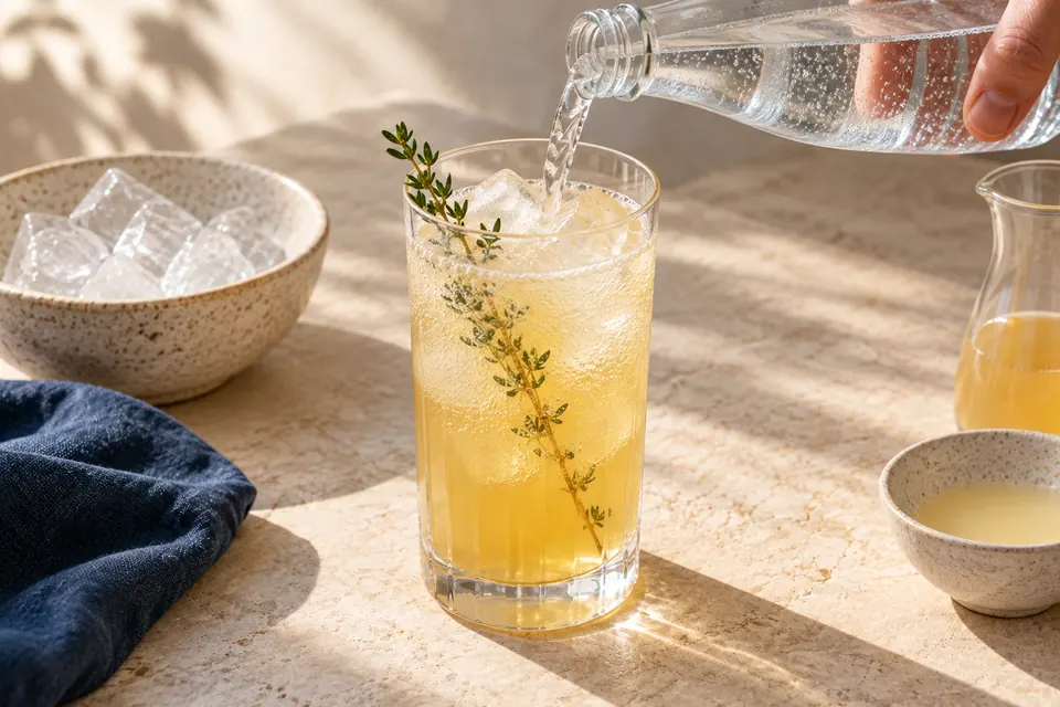Apfel-Thymian-Highball: Sprudel ergänzen (KI-Illustration)