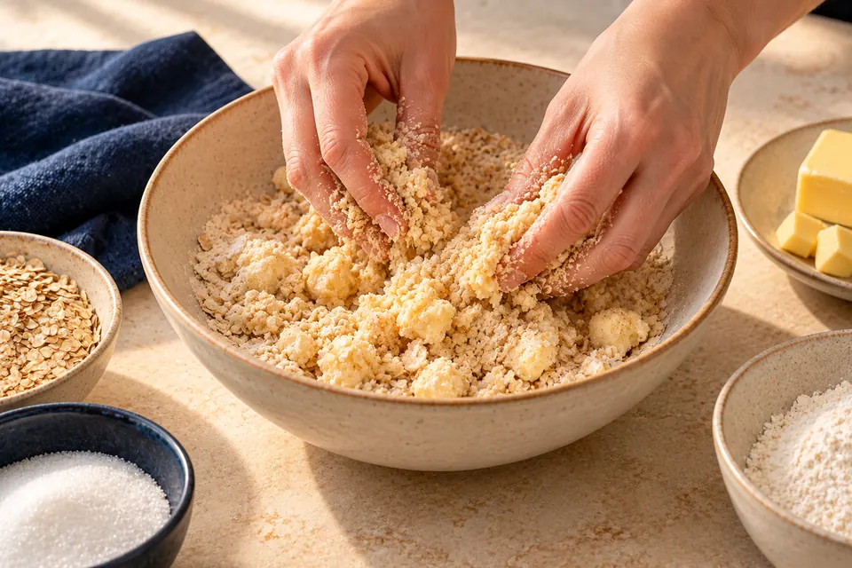 Apfel-Crumble: Streusel reiben (KI-Illustration)