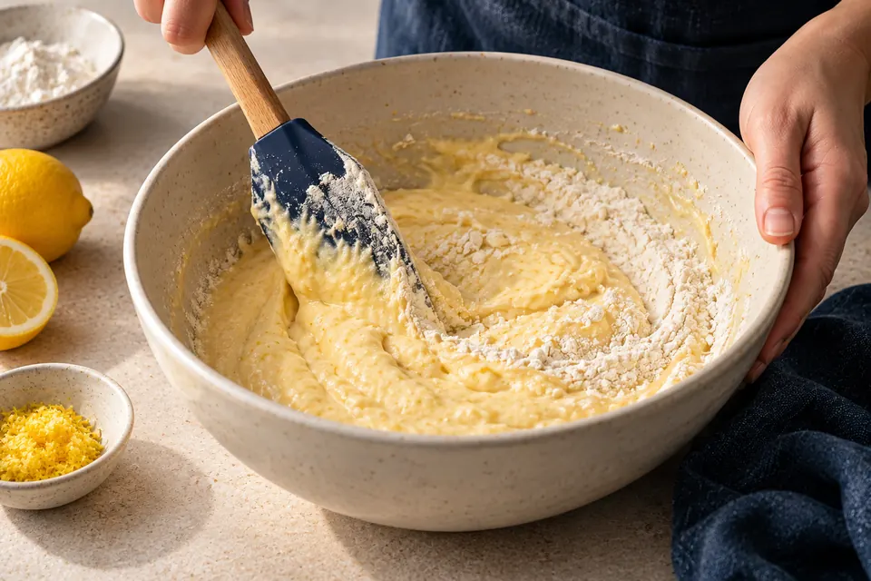 Zitronen-Joghurt-Kuchen: Teig nur kurz mischen (KI-Illustration)