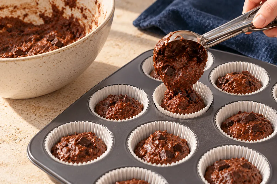 Schokoladen-Bananen-Muffins: Füllhöhe (KI-Illustration)