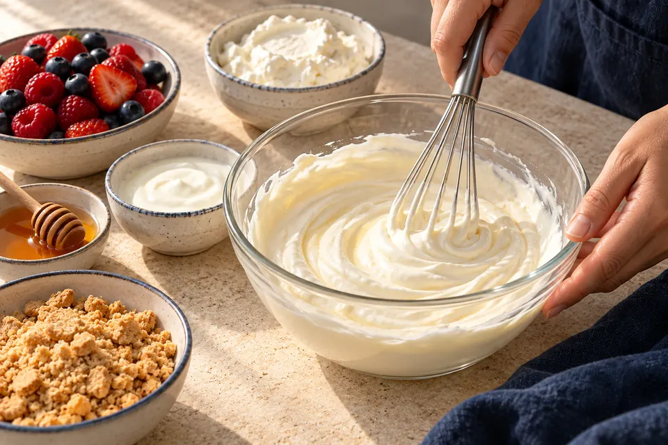 Beeren-Quark-Dessert: Creme glattrühren (KI-Illustration)
