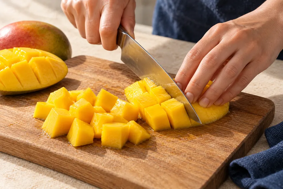 Kokos-Mango-Reis: Mango würfeln (KI-Illustration)