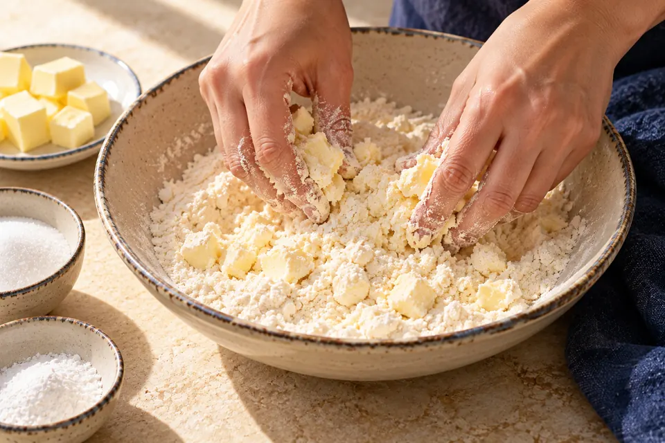 Pfirsich-Cobbler: Butter einreiben (KI-Illustration)
