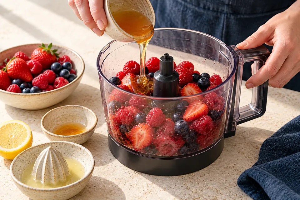 Beeren-Frozen-Joghurt als Softeis: Beeren pürieren (KI-Illustration)
