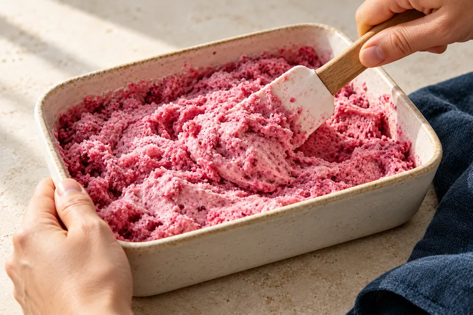 Beeren-Frozen-Joghurt als Softeis: Eiskristalle durchrühren (KI-Illustration)