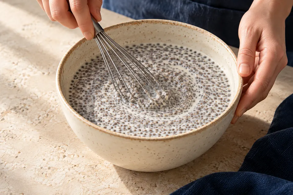 Beeren-Chia-Pudding: Klumpen ausrühren (KI-Illustration)