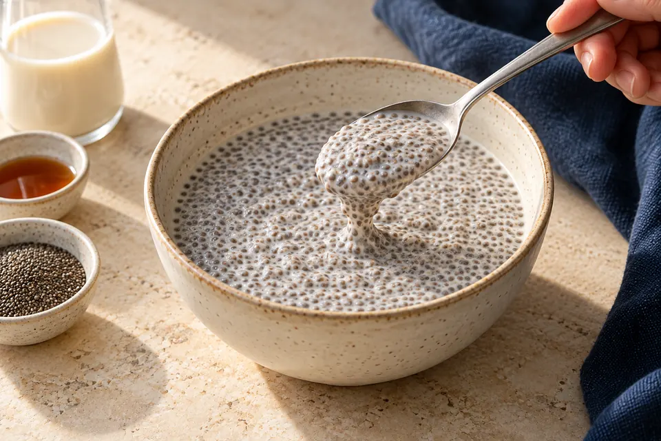 Beeren-Chia-Pudding: Geltextur (KI-Illustration)