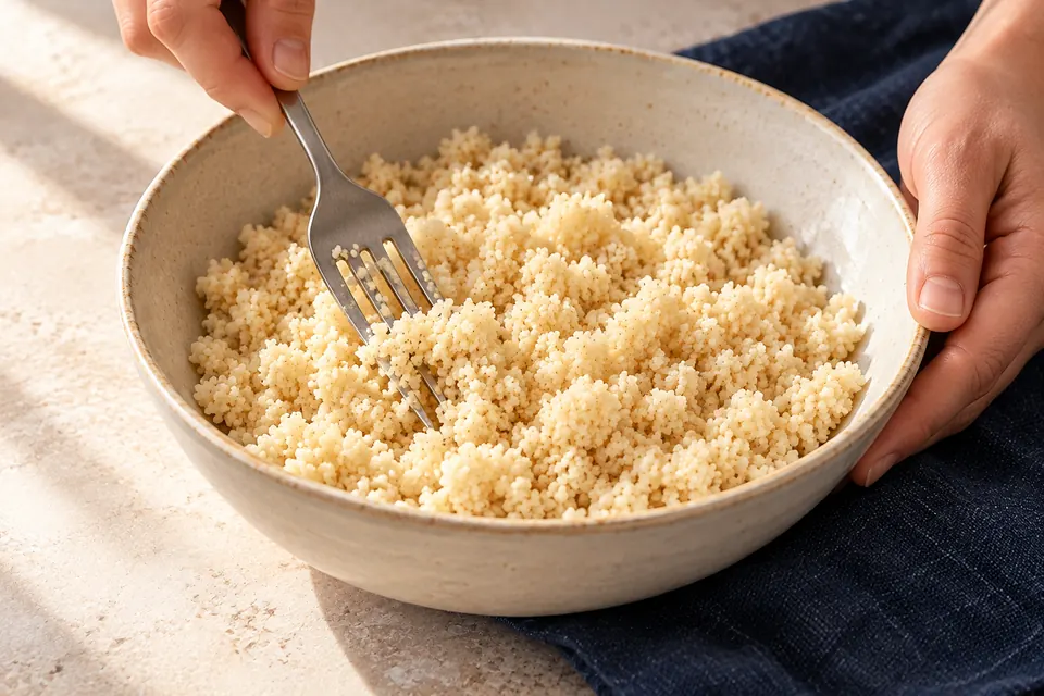 Frühstücks-Couscous mit Birne: Couscous lockern (KI-Illustration)