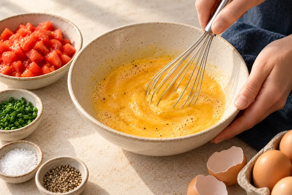 Rührei mit Tomaten: Eier verquirlen (KI-Illustration)
