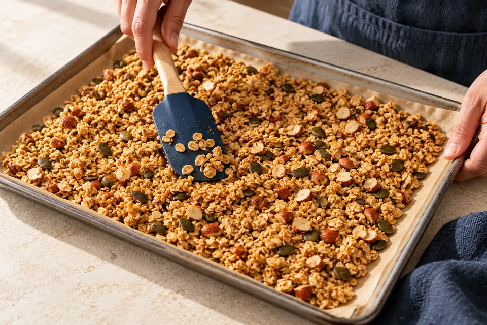 Joghurt mit selbst geröstetem Granola: Blech dünn belegen (KI-Illustration)