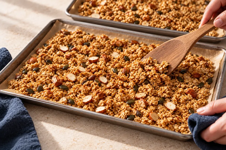 Joghurt mit selbst geröstetem Granola: ausgekühlte Knusperstücke (KI-Illustration)