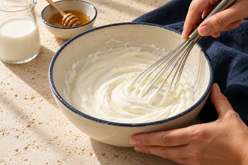 Quarkcreme mit Mango: Quark glattrühren (KI-Illustration)