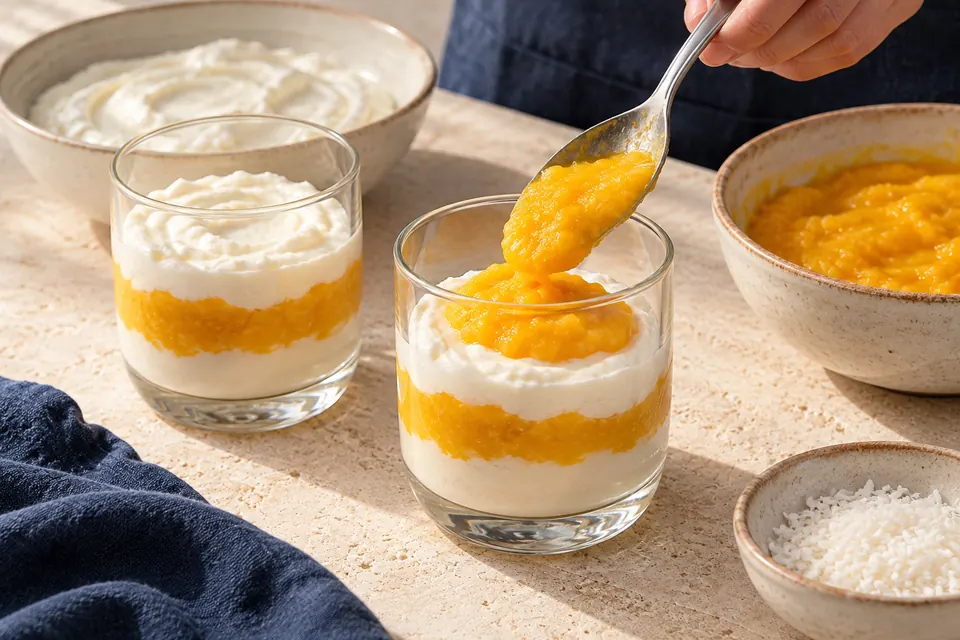 Quarkcreme mit Mango: Schichten (KI-Illustration)