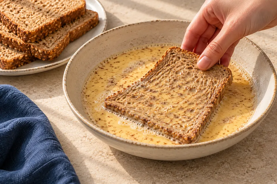 Vollkorn-French-Toast: kurz einweichen (KI-Illustration)