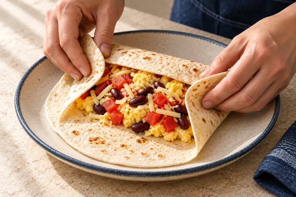 Frühstücks-Burrito mit Bohnen: Wickeltechnik (KI-Illustration)