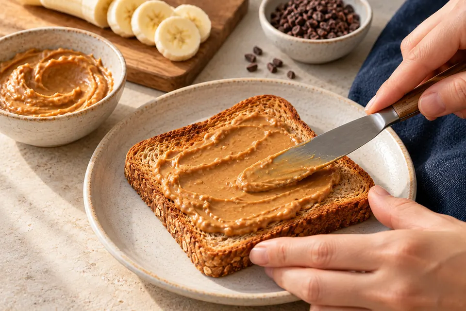 Erdnuss-Bananen-Toast: Mus verstreichen (KI-Illustration)