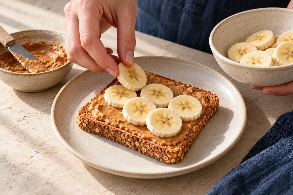 Erdnuss-Bananen-Toast: Scheiben legen (KI-Illustration)