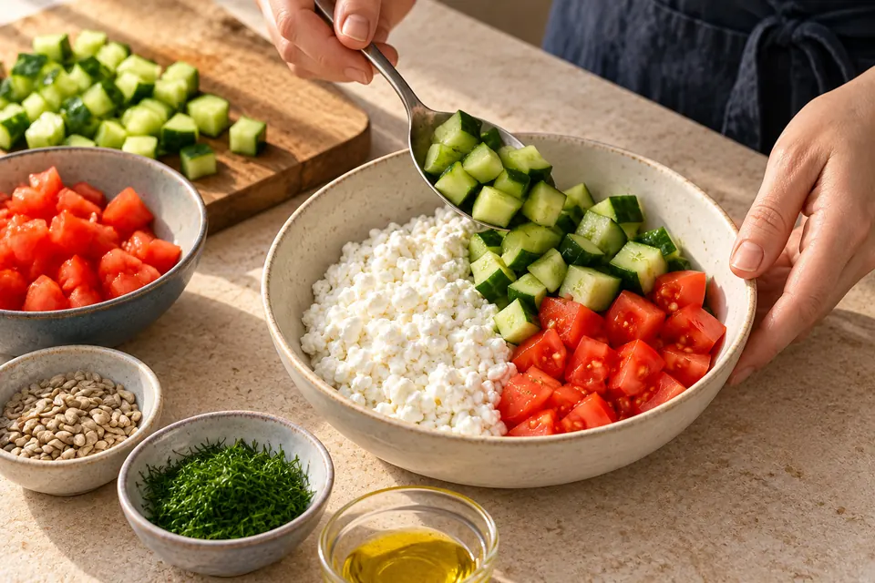 Hüttenkäse-Bowl mit Gurke: Bowl anrichten (KI-Illustration)