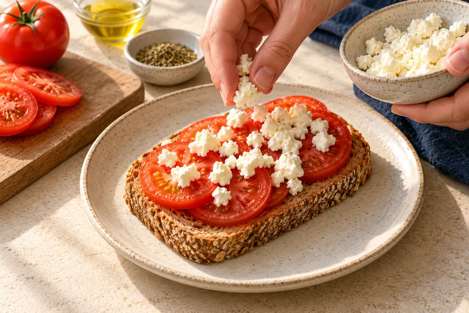 Tomaten-Feta-Frühstücksbrot: Belegen (KI-Illustration)