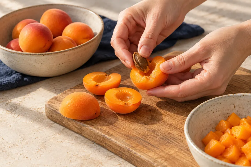 Hirsebrei mit Aprikosen: Frucht entsteinen (KI-Illustration)