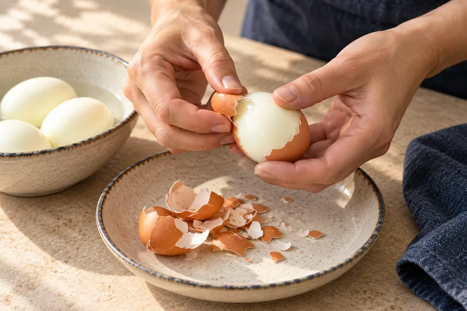 Frühstückssalat mit Ei: Ei pellen (KI-Illustration)