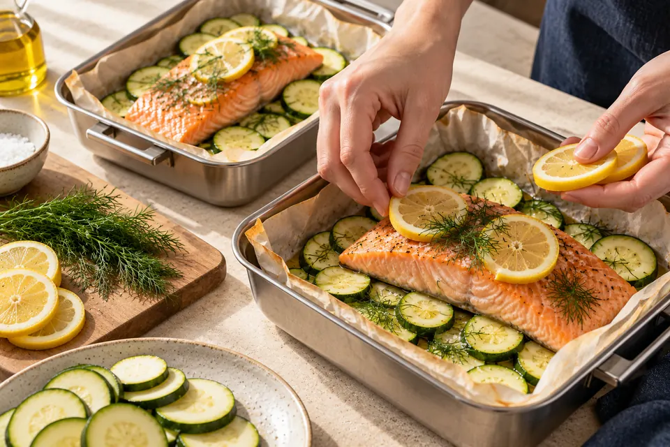 Lachs im Grillpäckchen: Schichten (KI-Illustration)