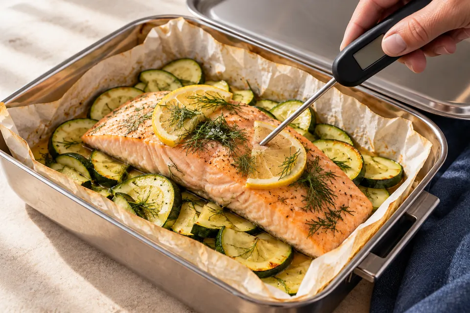 Lachs im Grillpäckchen: Kerntemperatur messen (KI-Illustration)