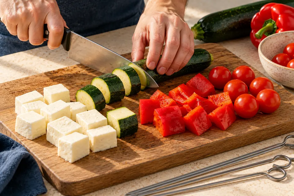 Halloumi-Gemüse-Spieße: Stückgrößen (KI-Illustration)