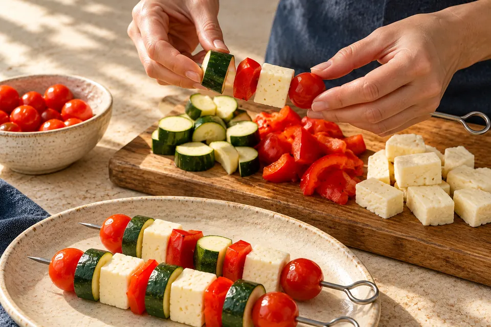 Halloumi-Gemüse-Spieße: Metallspieße bestücken (KI-Illustration)