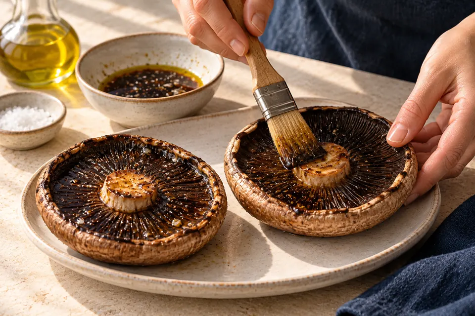 Portobello-Burger vom Grill: Pilzhut marinieren (KI-Illustration)