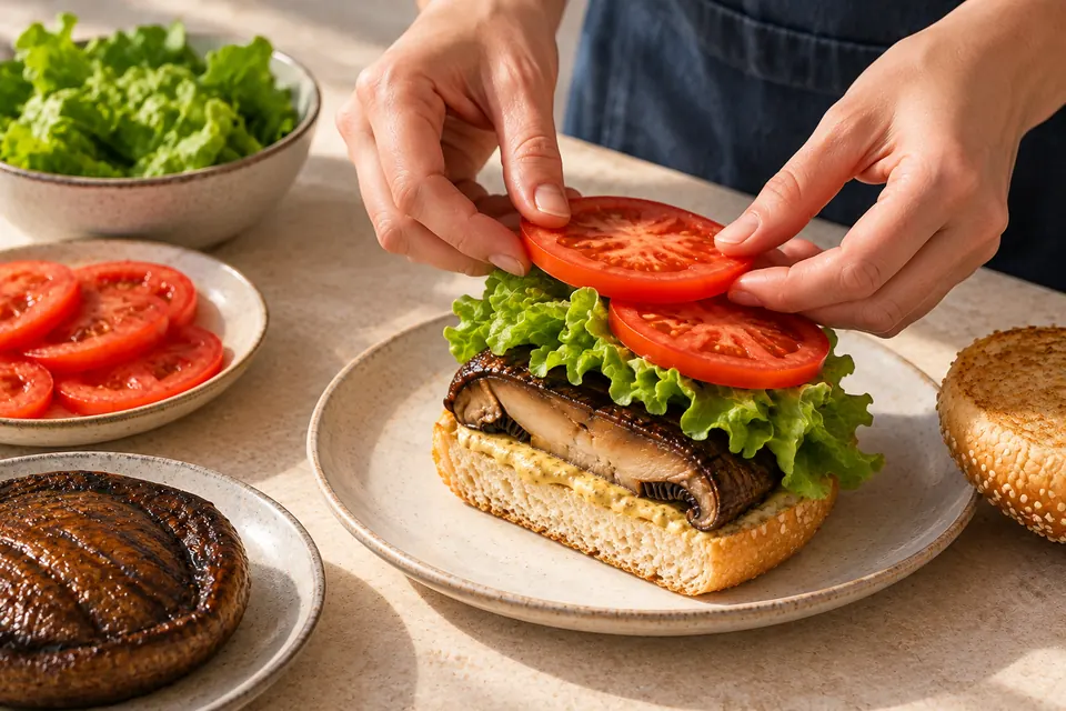 Portobello-Burger vom Grill: Brötchen aufbauen (KI-Illustration)