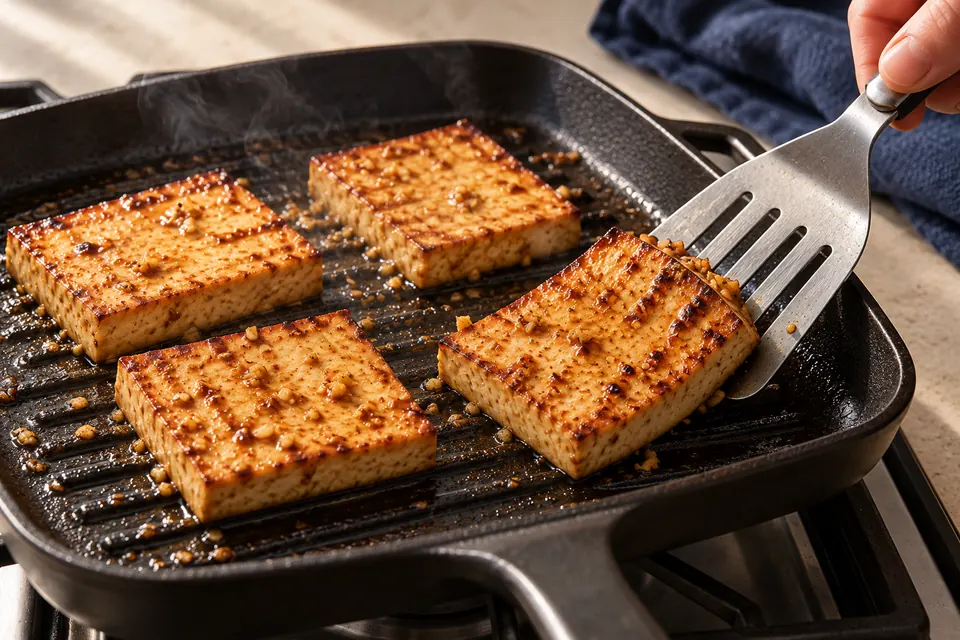 Grilltofu mit Ingwer: Wenden auf Grillplatte (KI-Illustration)