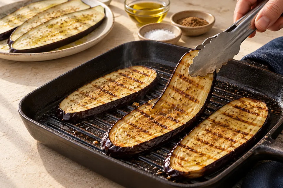 Auberginen vom Grill mit Joghurt: Gartextur (KI-Illustration)