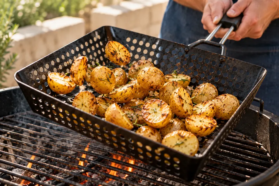 Rosmarin-Kartoffeln im Grillkorb: Grillkorb schütteln (KI-Illustration)