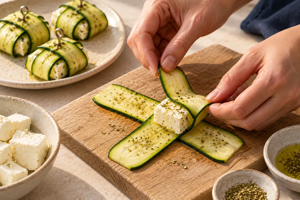 Zucchinipäckchen mit Feta: Kreuz legen (KI-Illustration)