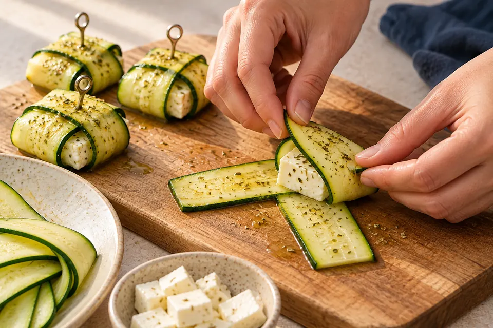 Zucchinipäckchen mit Feta: einschlagen (KI-Illustration)