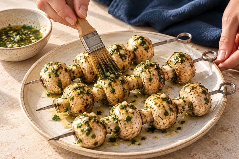 Pilzspieße mit Kräuteröl: Kräuteröl aufpinseln (KI-Illustration)