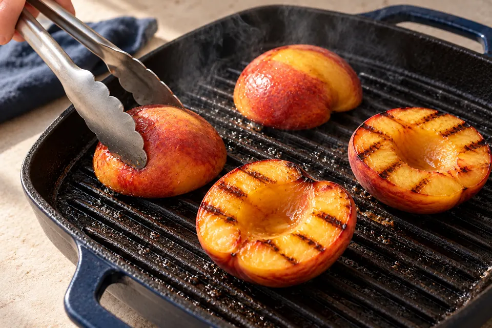Grillpfirsiche mit Vanillequark: Schnittfläche grillen (KI-Illustration)